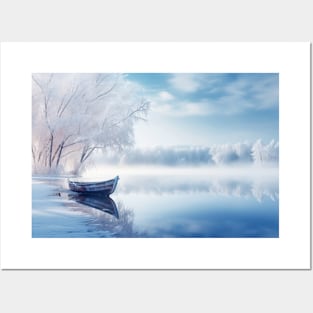 Lake Boat In Winter Serene Landscape Posters and Art